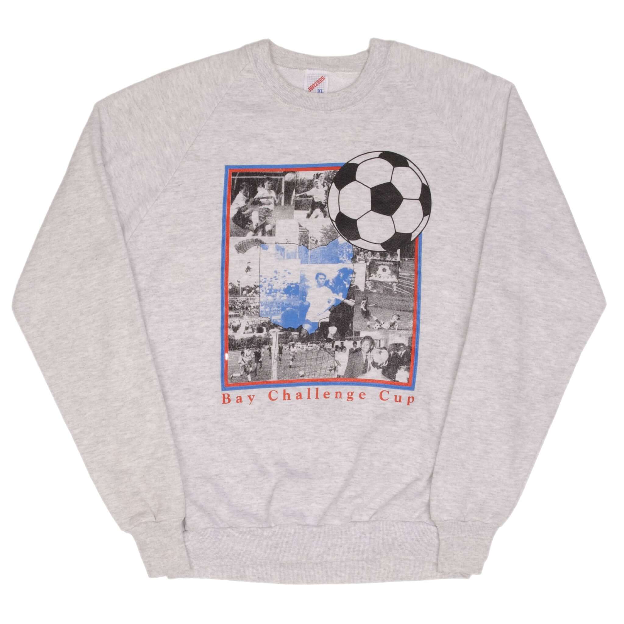 Full front view of gray Bay Challenge Cup soccer sweatshirt with graphic print
