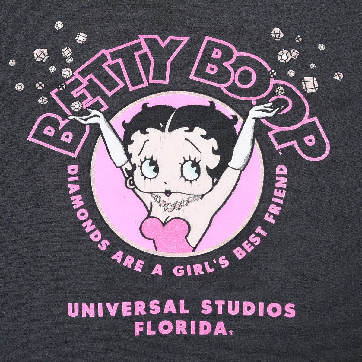 Close-up of pink Betty Boop diamond graphic with Universal Studios Florida text