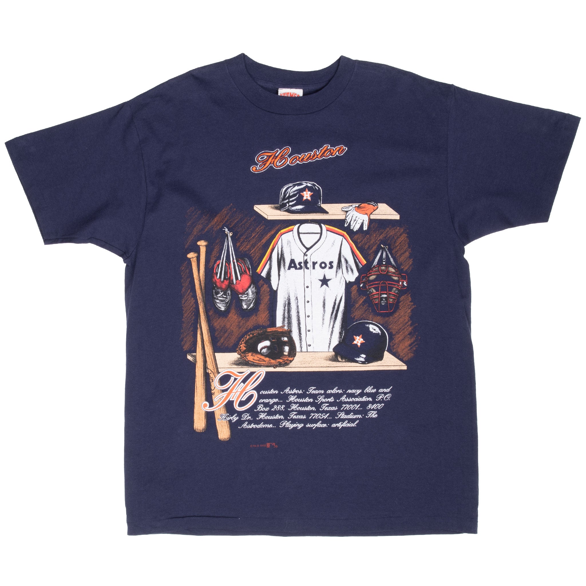 Full front view of navy Houston Astros graphic T-shirt