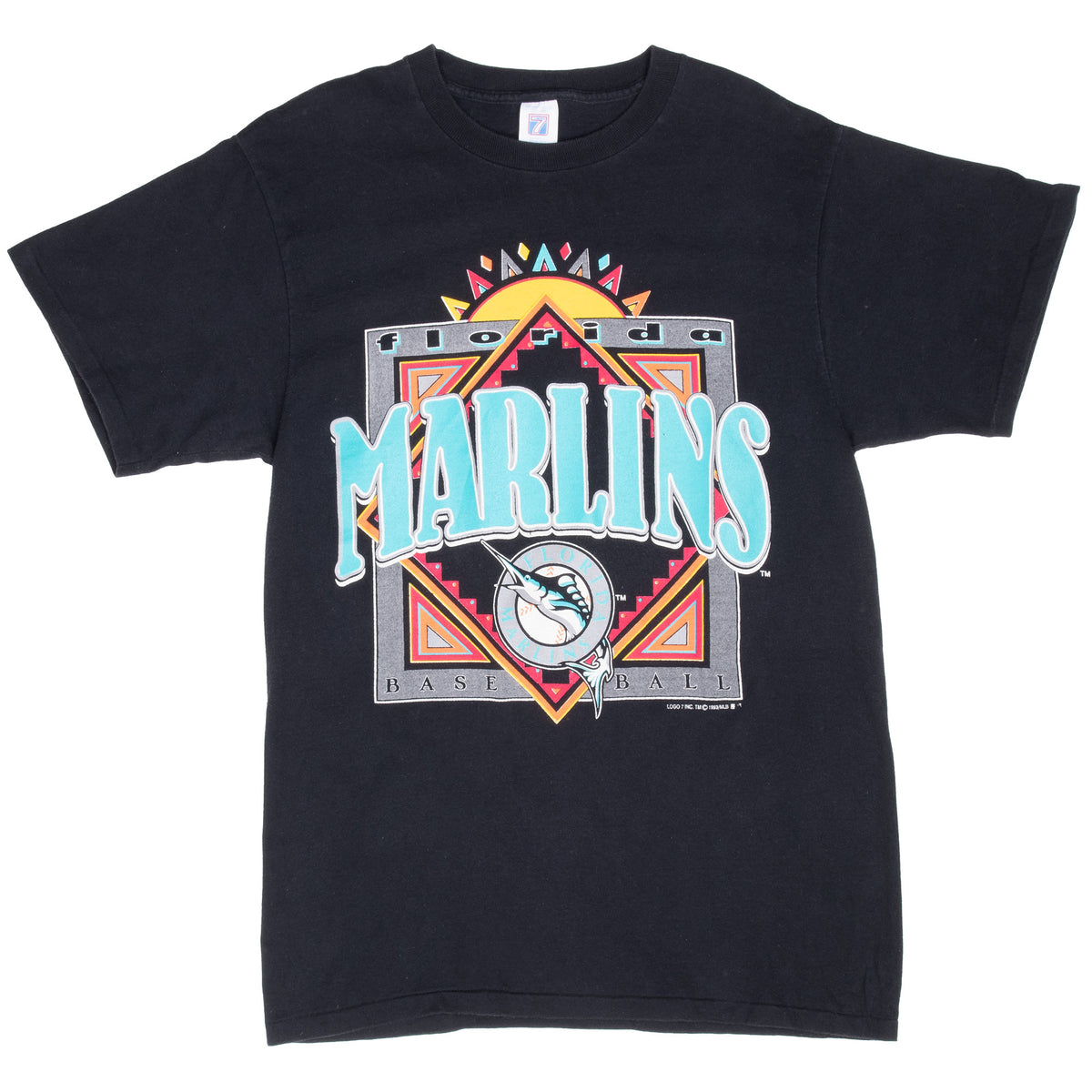 Full front view of black Florida Marlins T-shirt with colorful geometric team graphic