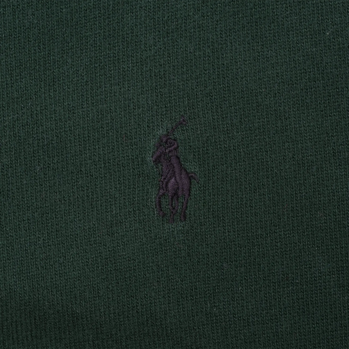 Close-up of dark embroidered Polo Ralph Lauren pony logo on green fabric