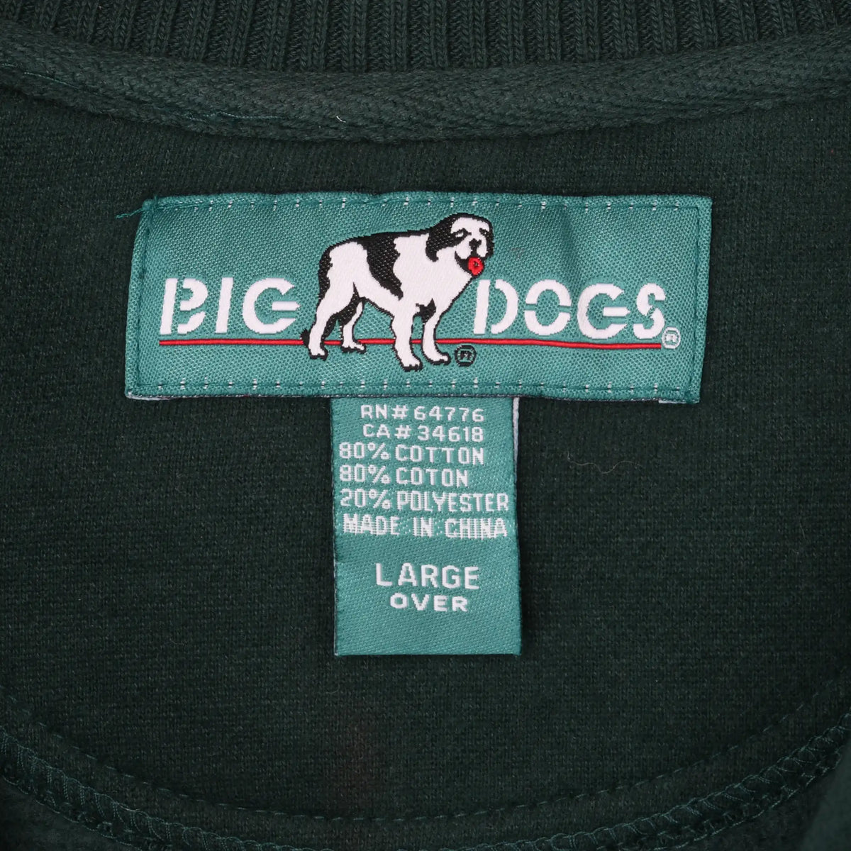 Close-up of Big Dogs neck label with dog graphic and Large size tag