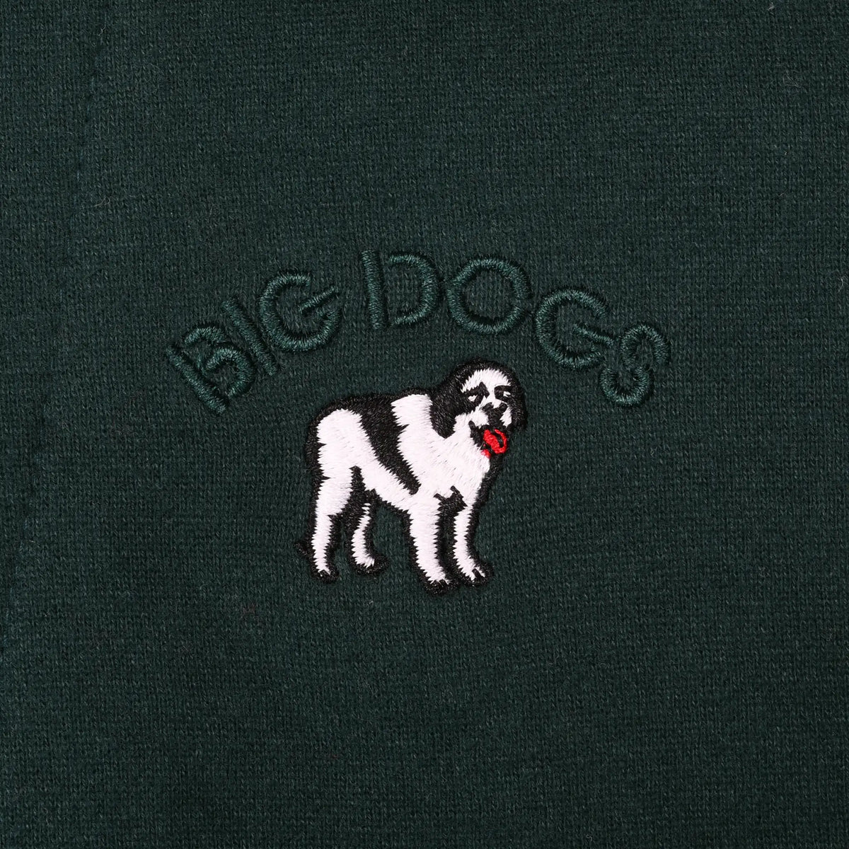 Close-up of chest embroidery with Big Dogs lettering and black-and-white dog graphic