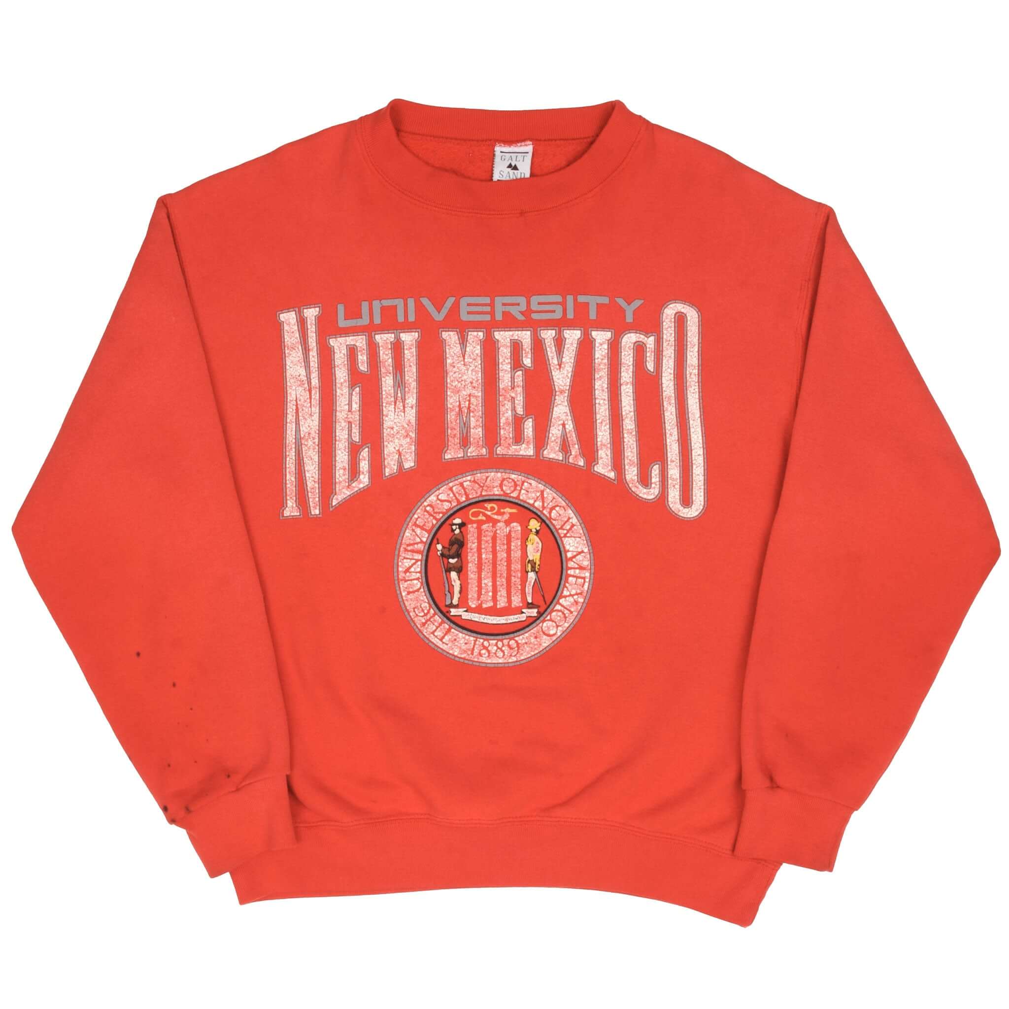 Full front view of red University of New Mexico crewneck sweatshirt