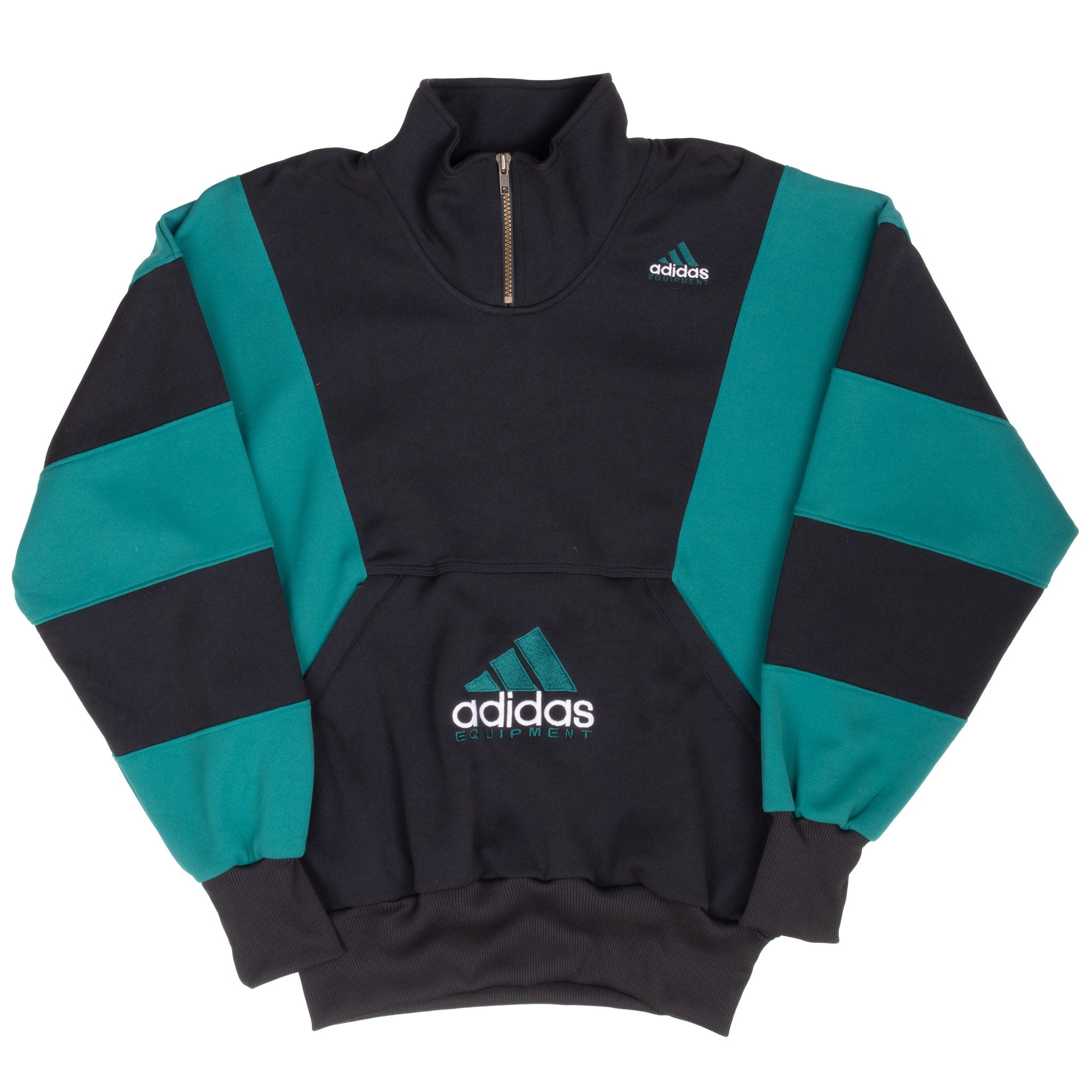Front of black and green Adidas Equipment pullover track jacket with color-block sleeves