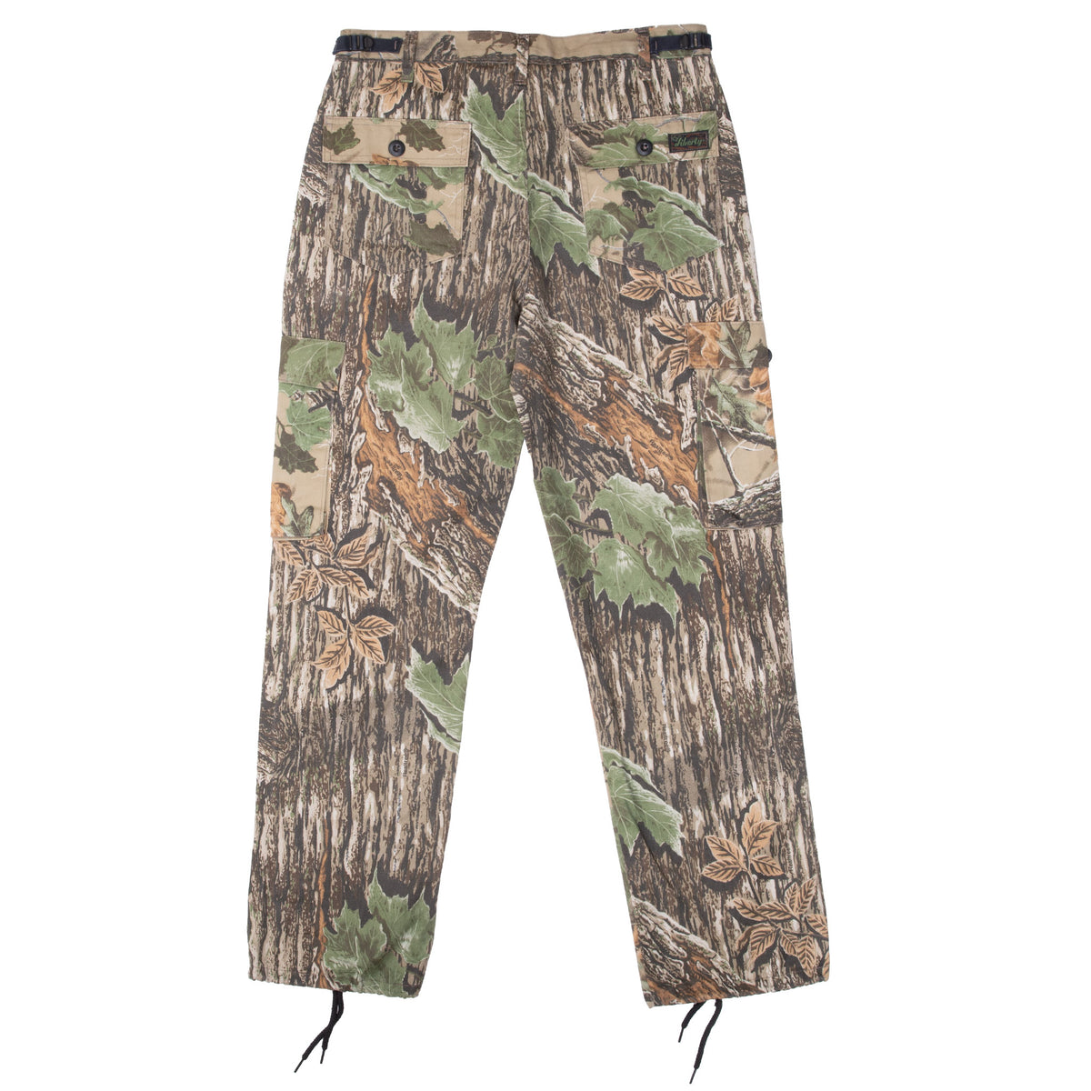 Back of Realtree camouflage cargo pants with two buttoned pockets and adjustable ankle ties