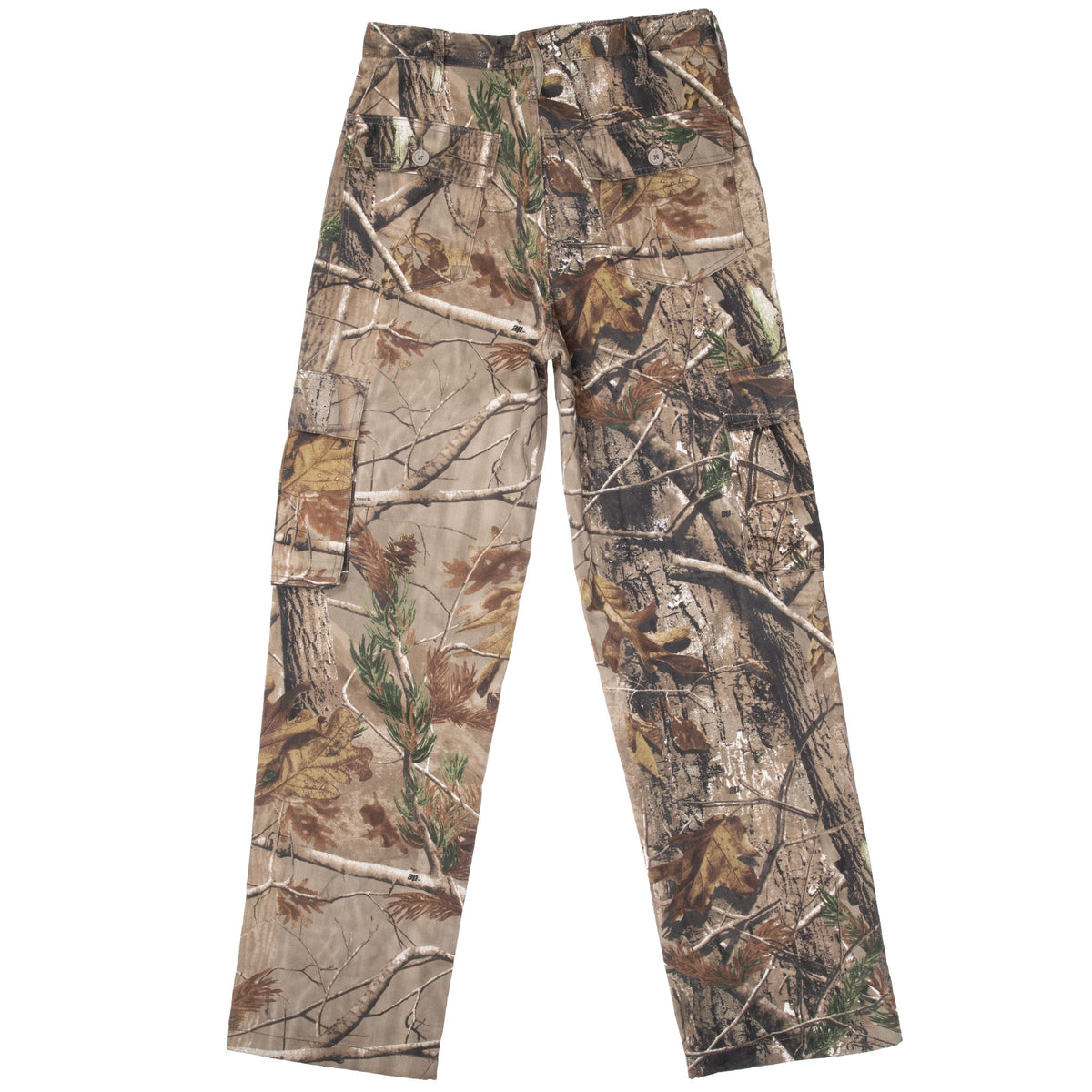 Back of Realtree APHD hunting cargo pants in brown woodland camouflage