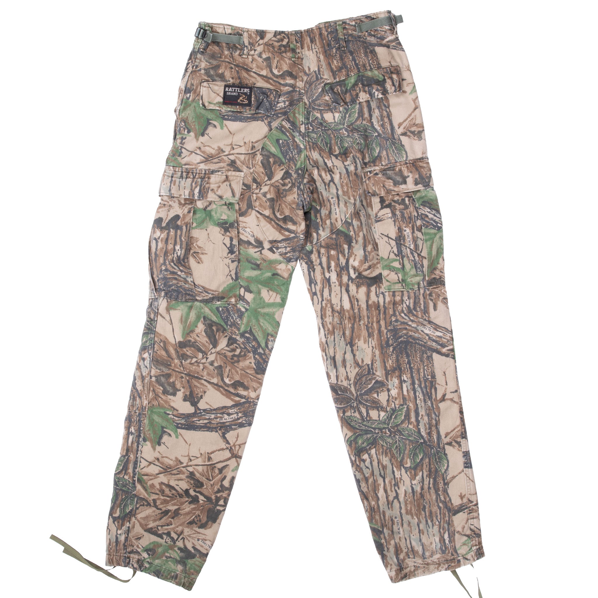 Back view of Rattlers Realtree camouflage cargo pants with rear and side cargo pockets