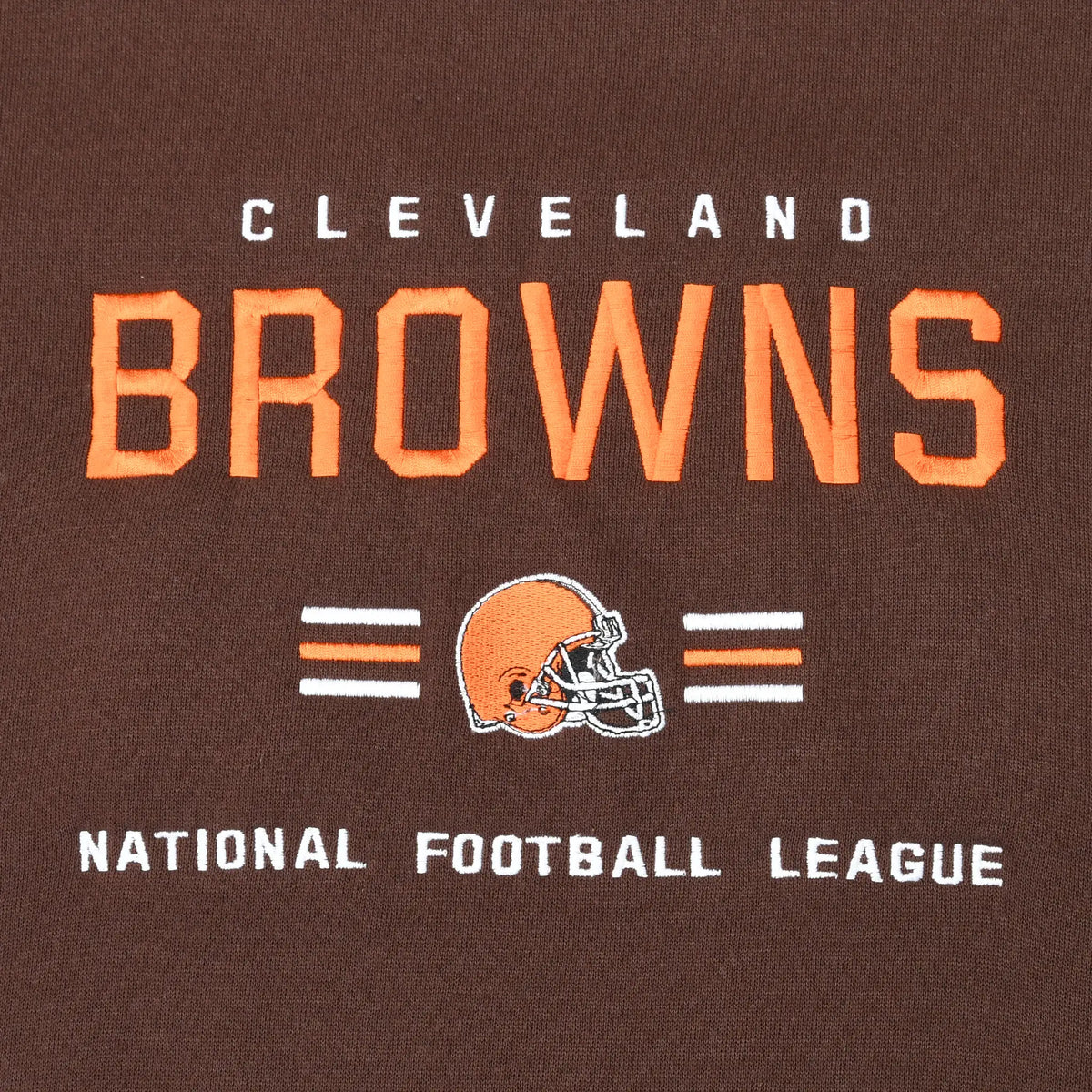 Close-up of embroidered Cleveland Browns lettering, helmet logo, and National Football League text