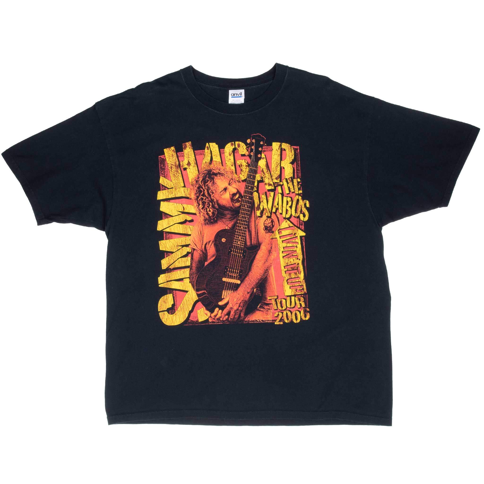 Full front view of black Sammy Hagar and the Wabos tour T-shirt with orange and yellow graphic