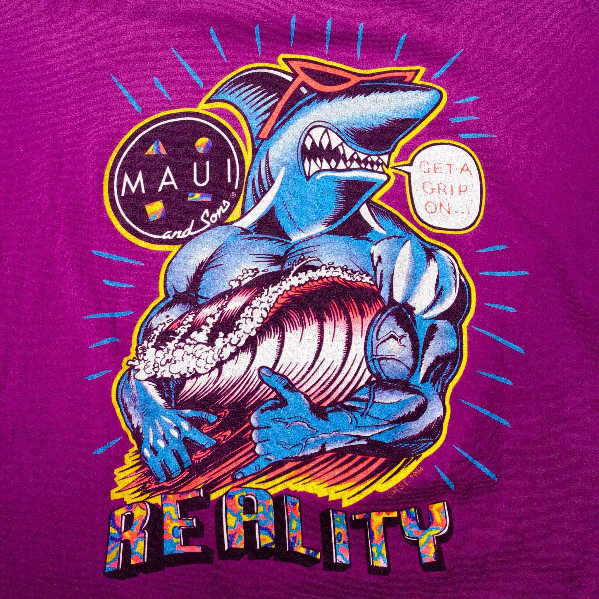 Vintage Purple Maui and Sons Get a Grip Reality  Tee Shirt 1994 Size XLarge Made In USA with single stitch sleeves.