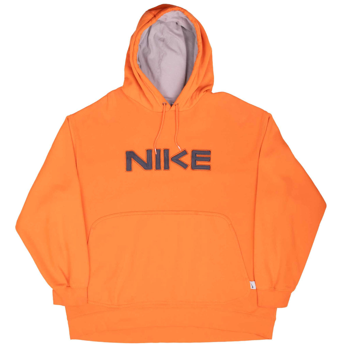 Front of orange Nike hoodie showing drawstring hood, embroidered spellout, and kangaroo pocket