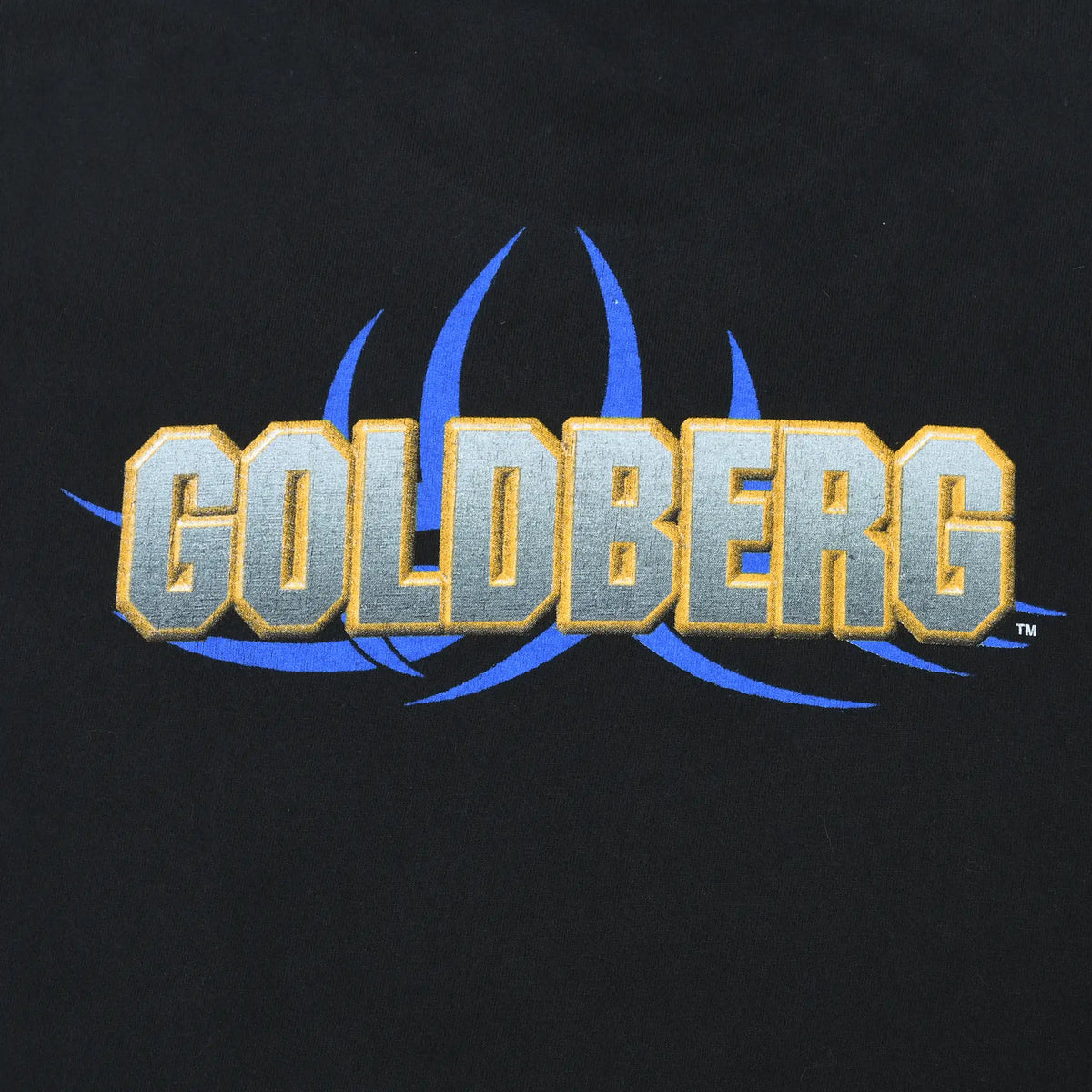 Close-up of back Goldberg name graphic in gold and gray with blue pointed accents