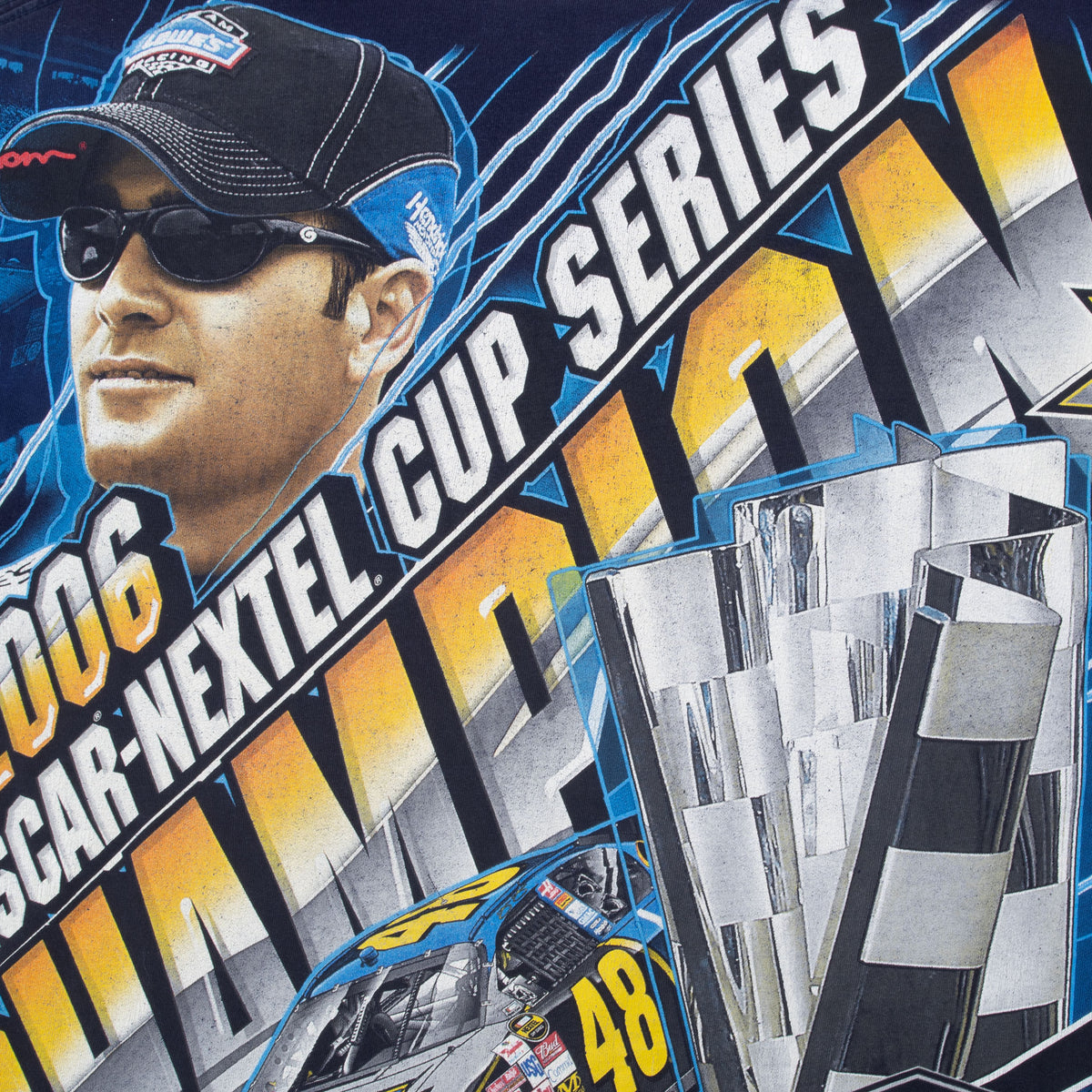 Back print detail with Jimmie Johnson, NASCAR Nextel Cup Series text, trophy and No. 48 car