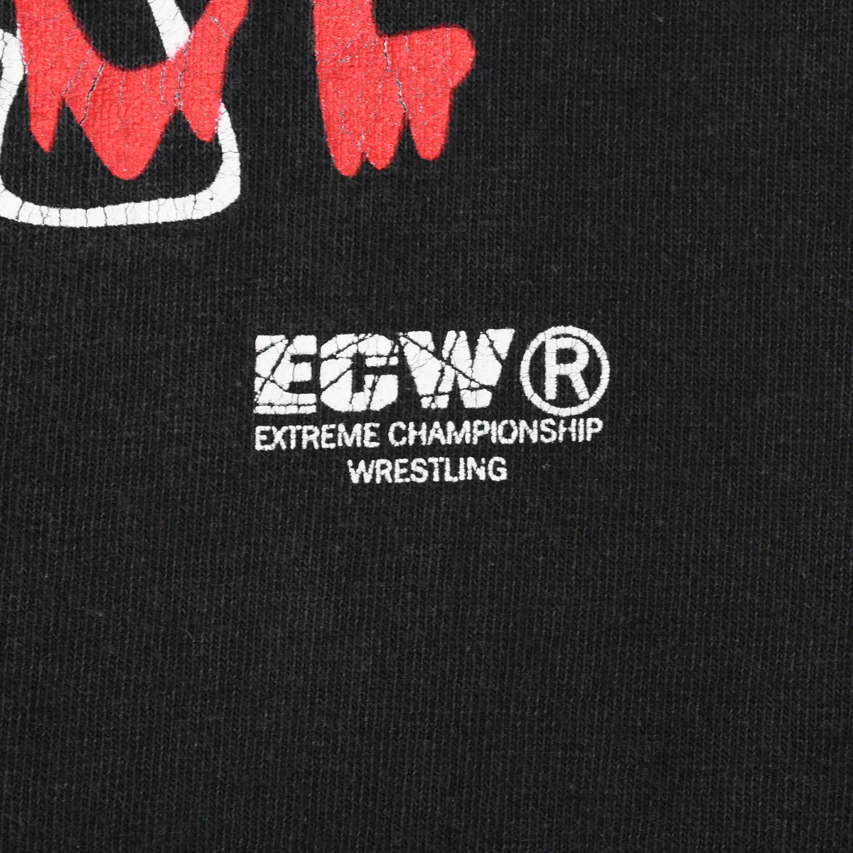 Close-up of white ECW Extreme Championship Wrestling logo printed on black fabric