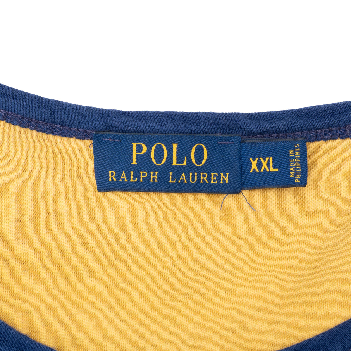 Polo Ralph Lauren XXL neck label inside yellow-lined navy T-shirt
