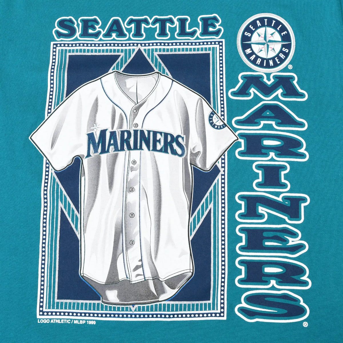 Close-up of Seattle Mariners jersey and compass logo front print