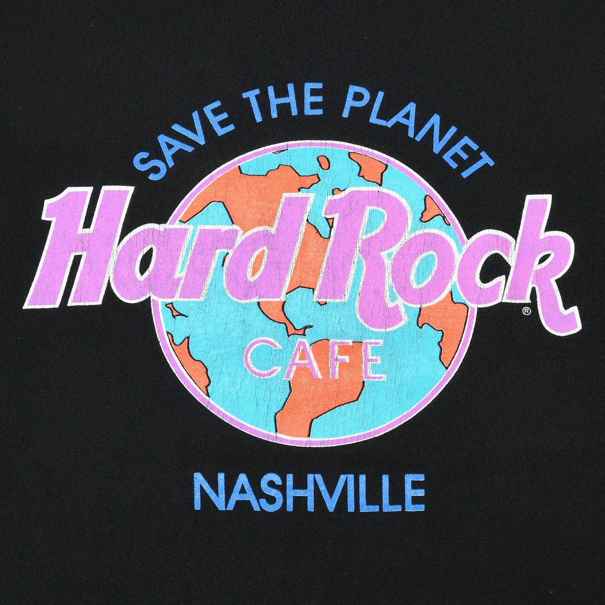 Close-up of colorful Save the Planet Hard Rock Cafe Nashville globe print