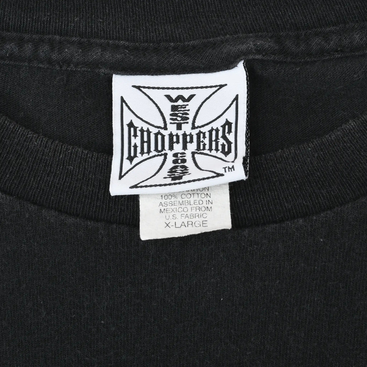 West Coast Choppers neck label and care tag inside black T-shirt collar