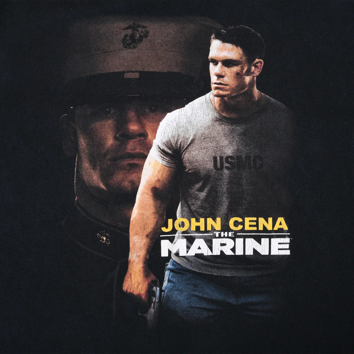 Close-up of John Cena The Marine front print on black WWE T-shirt
