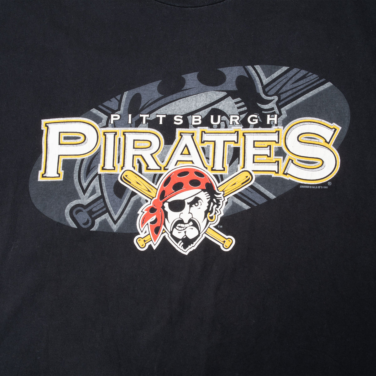 Pittsburgh Pirates text and pirate mascot chest graphic on black T-shirt