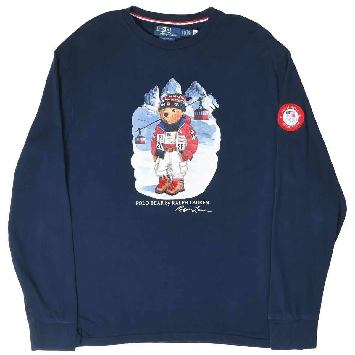 Full front of navy Ralph Lauren long-sleeve shirt with Polo Bear ski graphic and ribbed cuffs