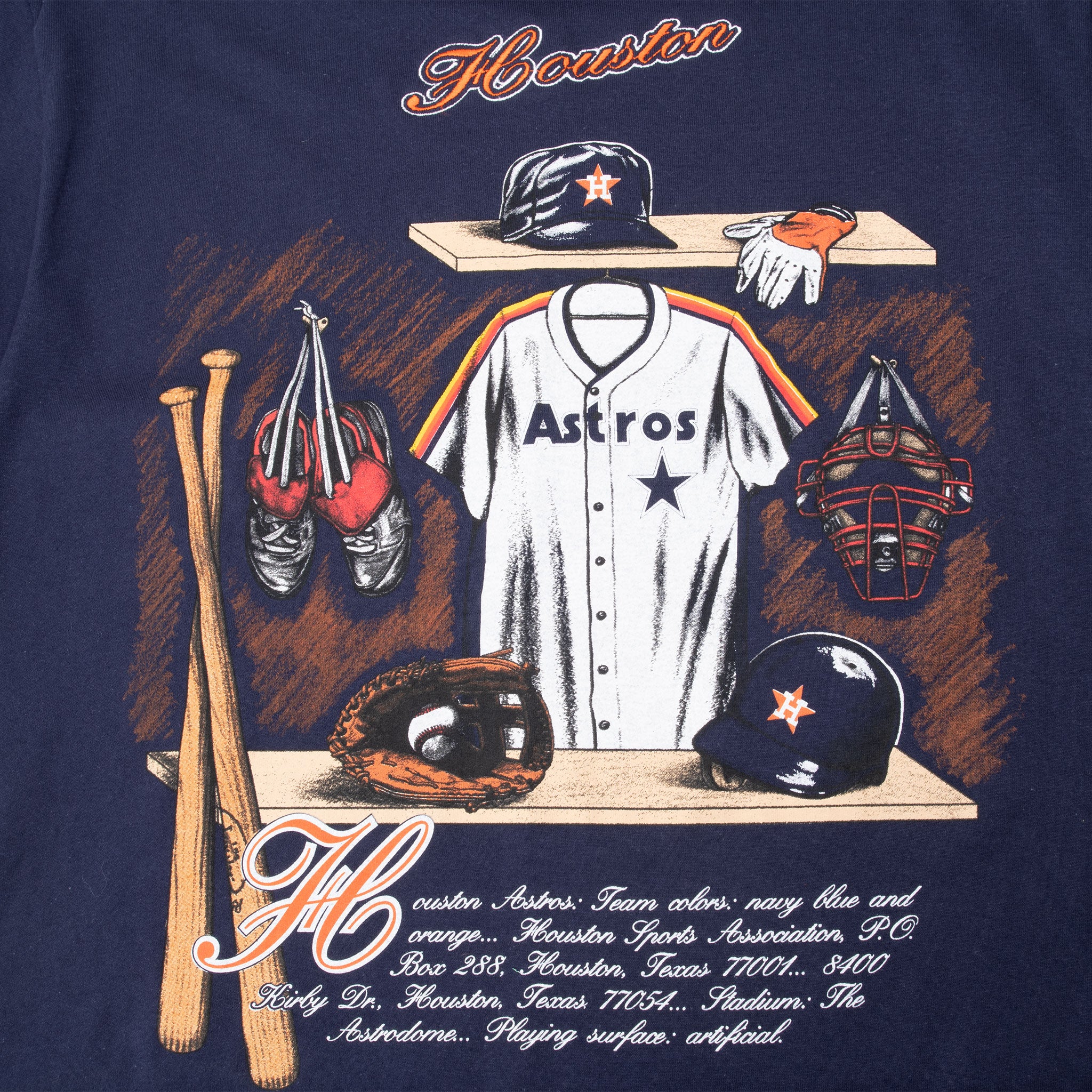 Houston Astros print detail with jersey, caps, bats, glove, cleats, and catcher's mask