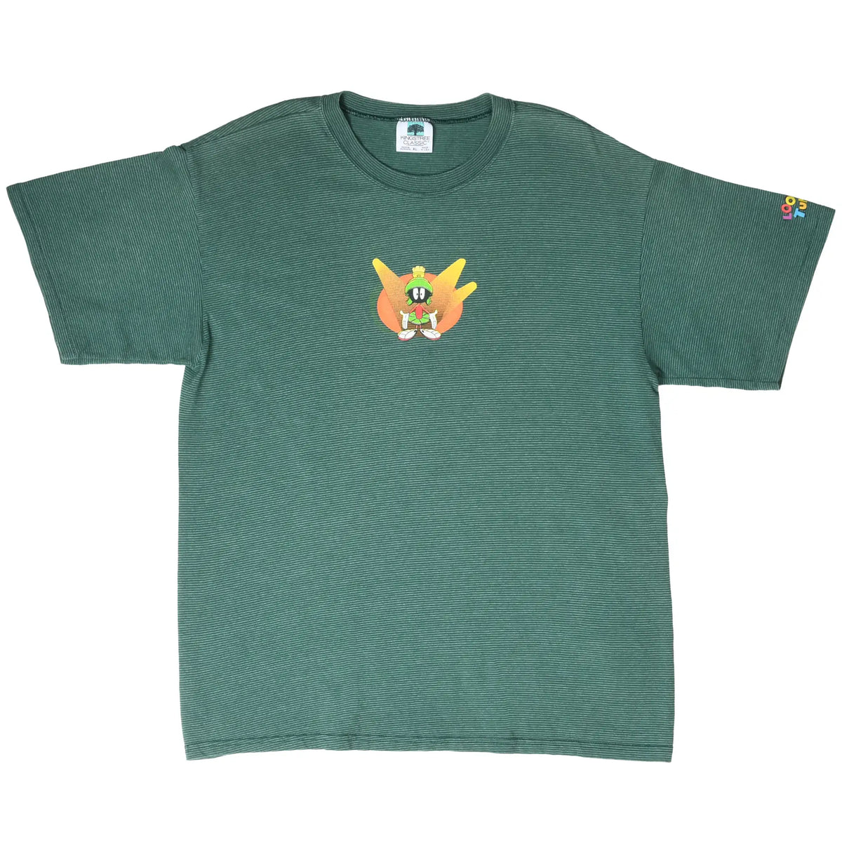 Full front of green striped Looney Tunes T-shirt with Marvin the Martian graphic and sleeve logo