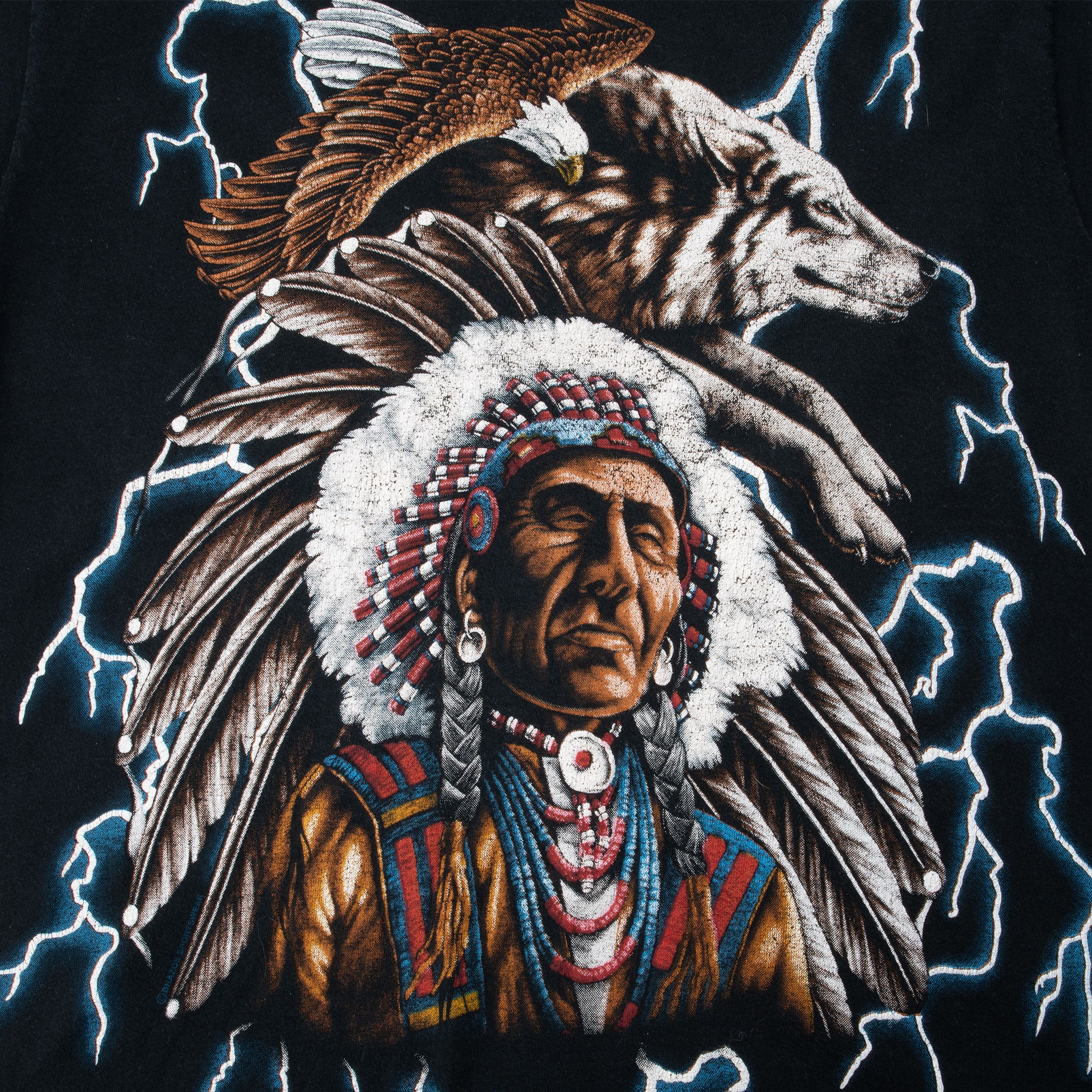 Vintage Animal Print Eagle Wolf Indian Chief Usa Thunder Tee Shirt 1990S Size Large With Single Stitch Sleeves