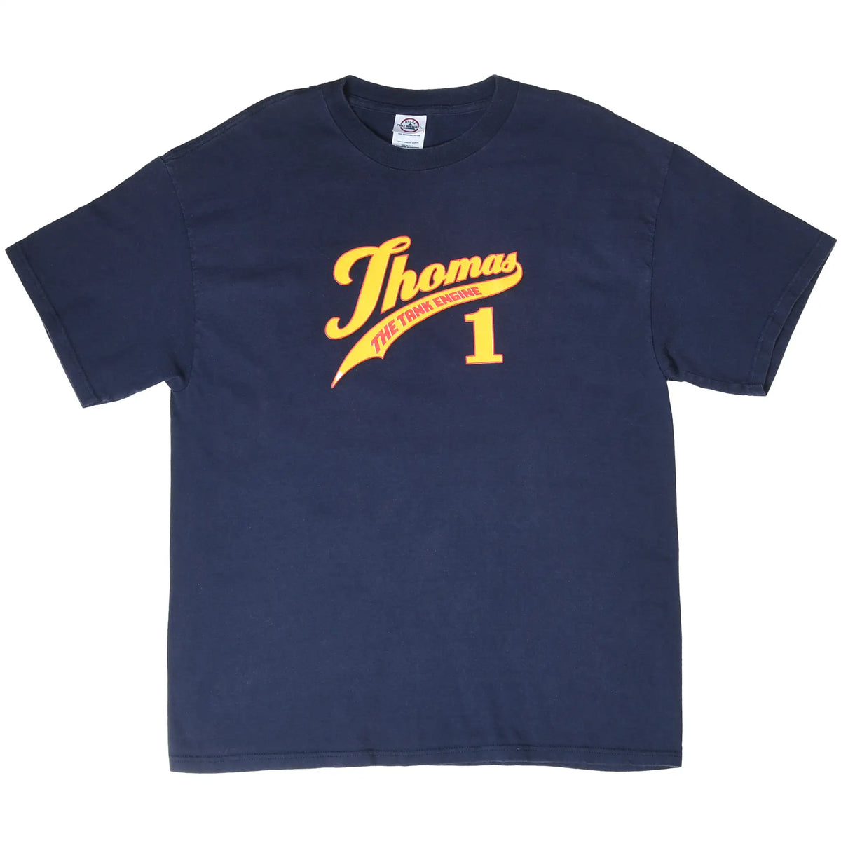 Front of navy Thomas the Tank Engine T-shirt with yellow and red Thomas 1 chest graphic