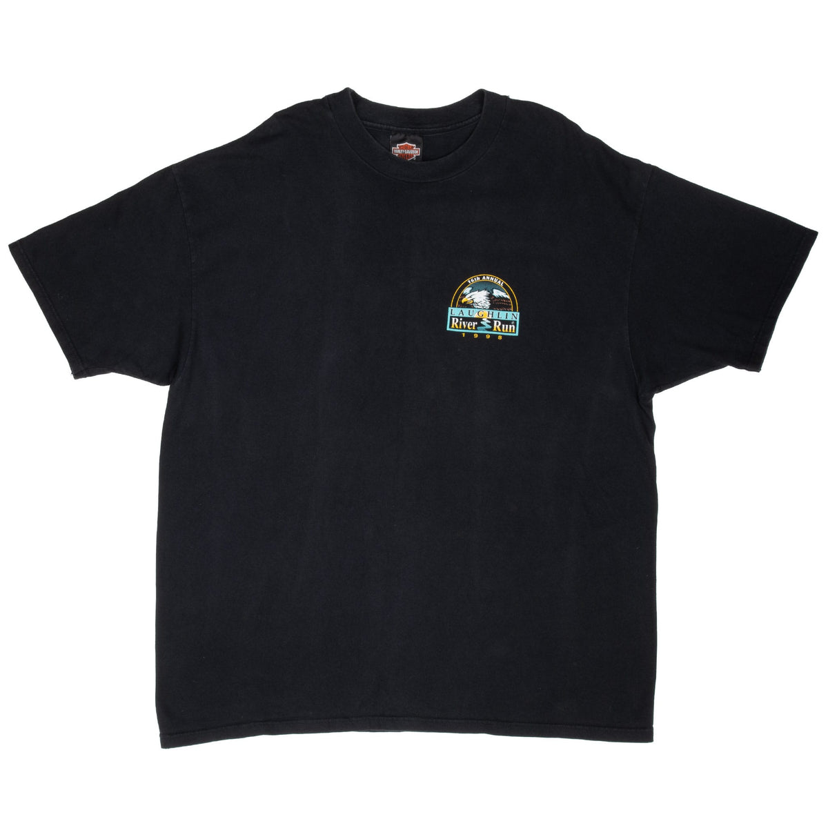 Full front view of black Harley-Davidson T-shirt with Laughlin River Run chest graphic