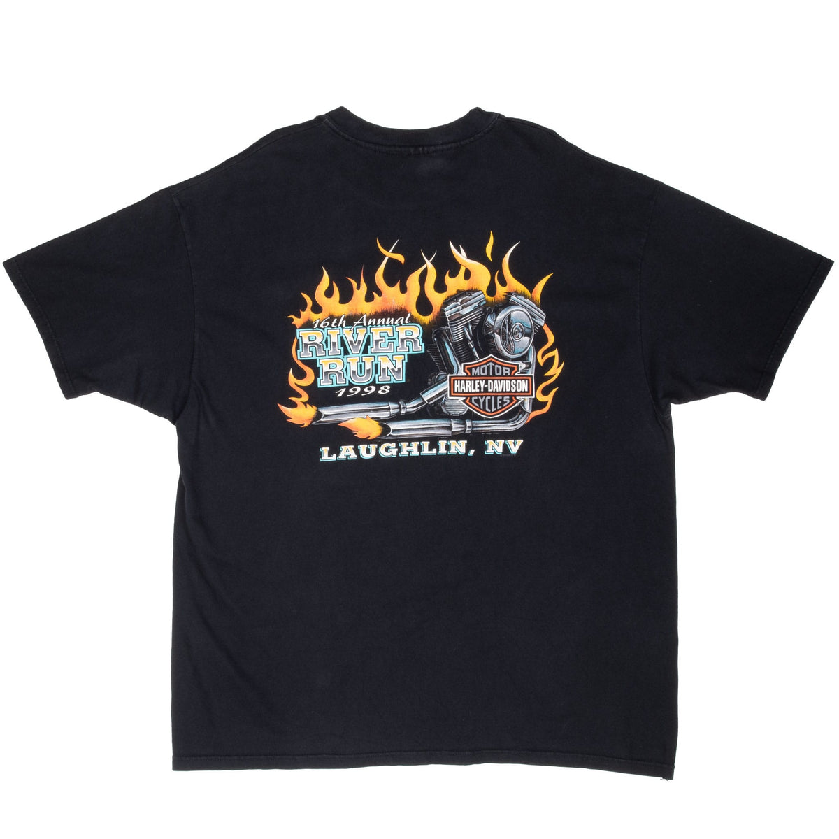 Back of black Harley-Davidson River Run T-shirt with engine, flames, shield and Laughlin, NV graphic
