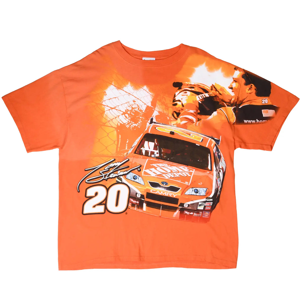Full front view of orange Tony Stewart T-shirt with Home Depot race car and No. 20 print