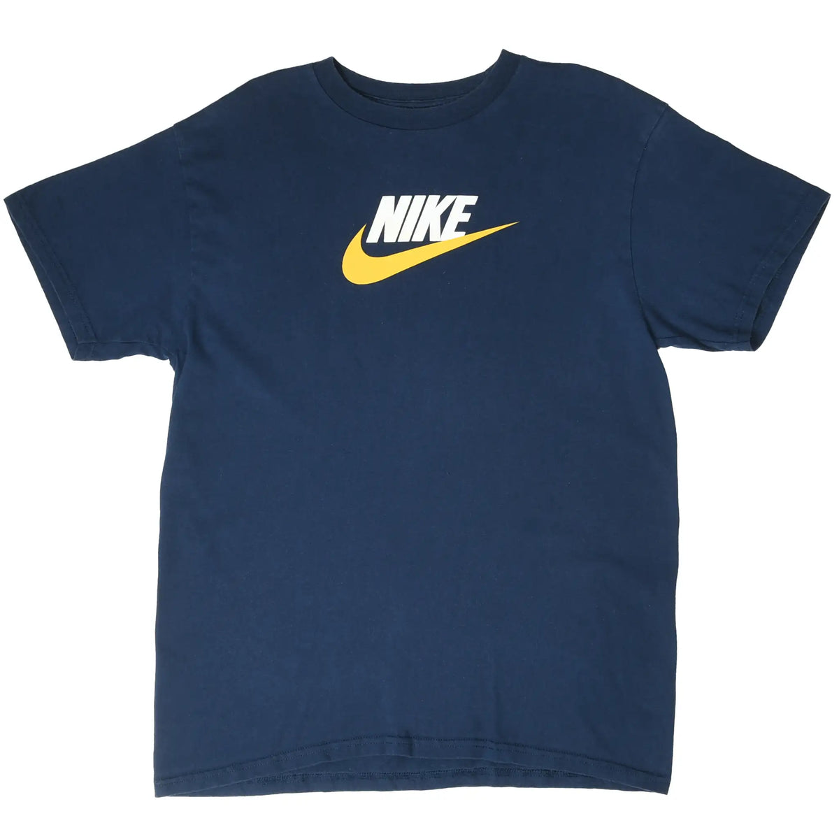 Front of navy Nike T-shirt with white spellout logo and yellow Swoosh graphic