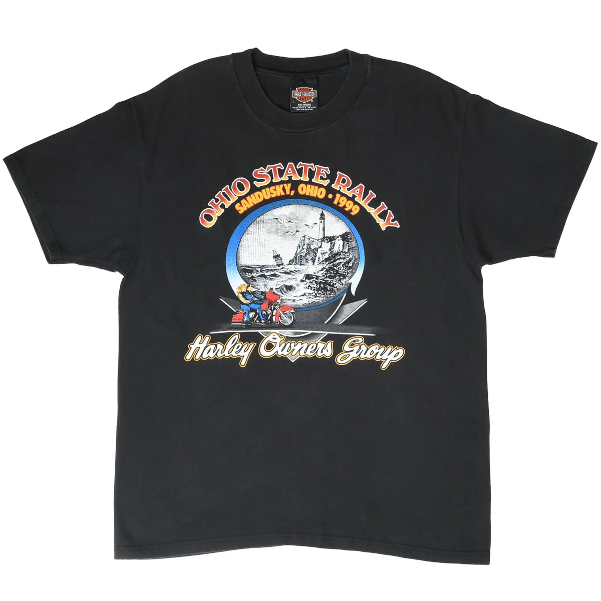 Full front view of black Harley-Davidson Ohio State Rally 1999 graphic T-shirt