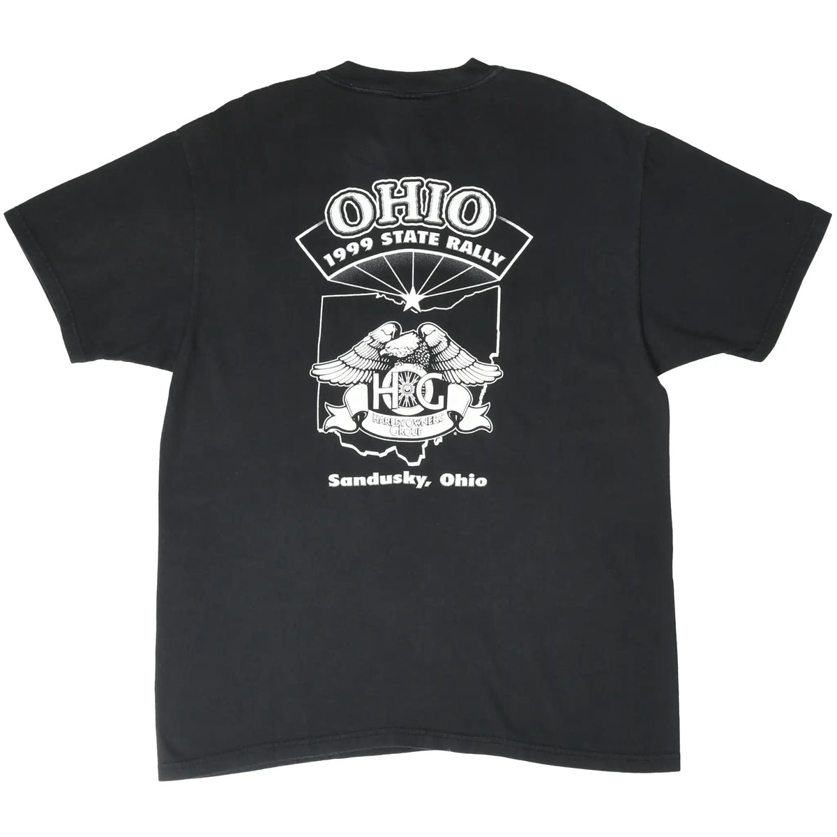 Back of black Harley-Davidson T-shirt with white Ohio 1999 State Rally eagle graphic