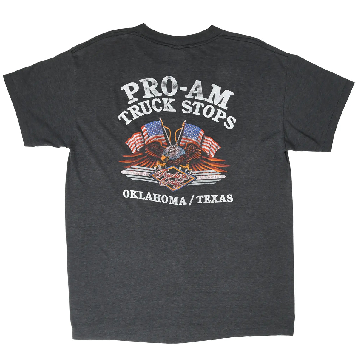 Back of charcoal T-shirt with Pro-Am Truck Stops eagle, flags, and Oklahoma/Texas graphic