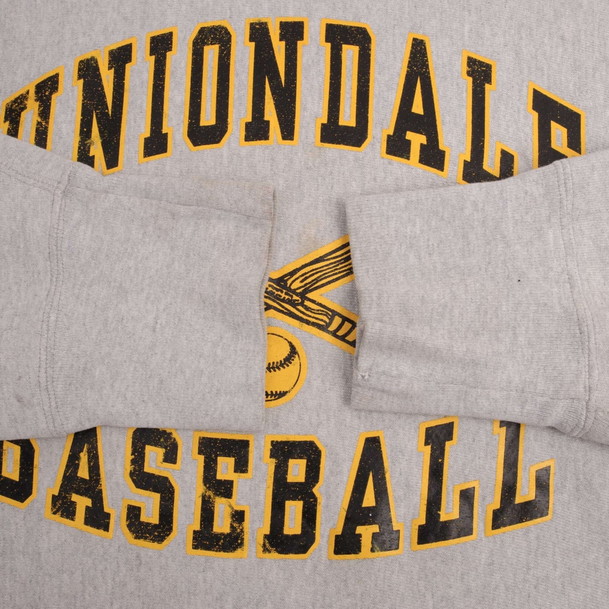 Gray hoodie sleeve and cuff details over Uniondale Baseball chest graphic