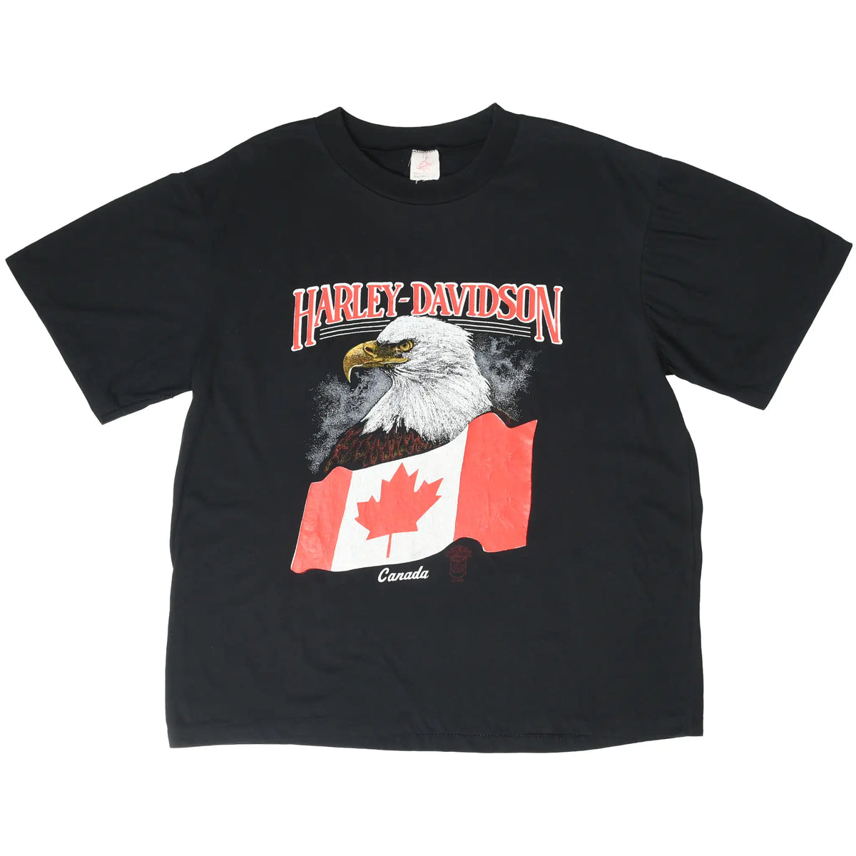 Front of black Harley-Davidson Canada T-shirt with bald eagle and Canadian flag print