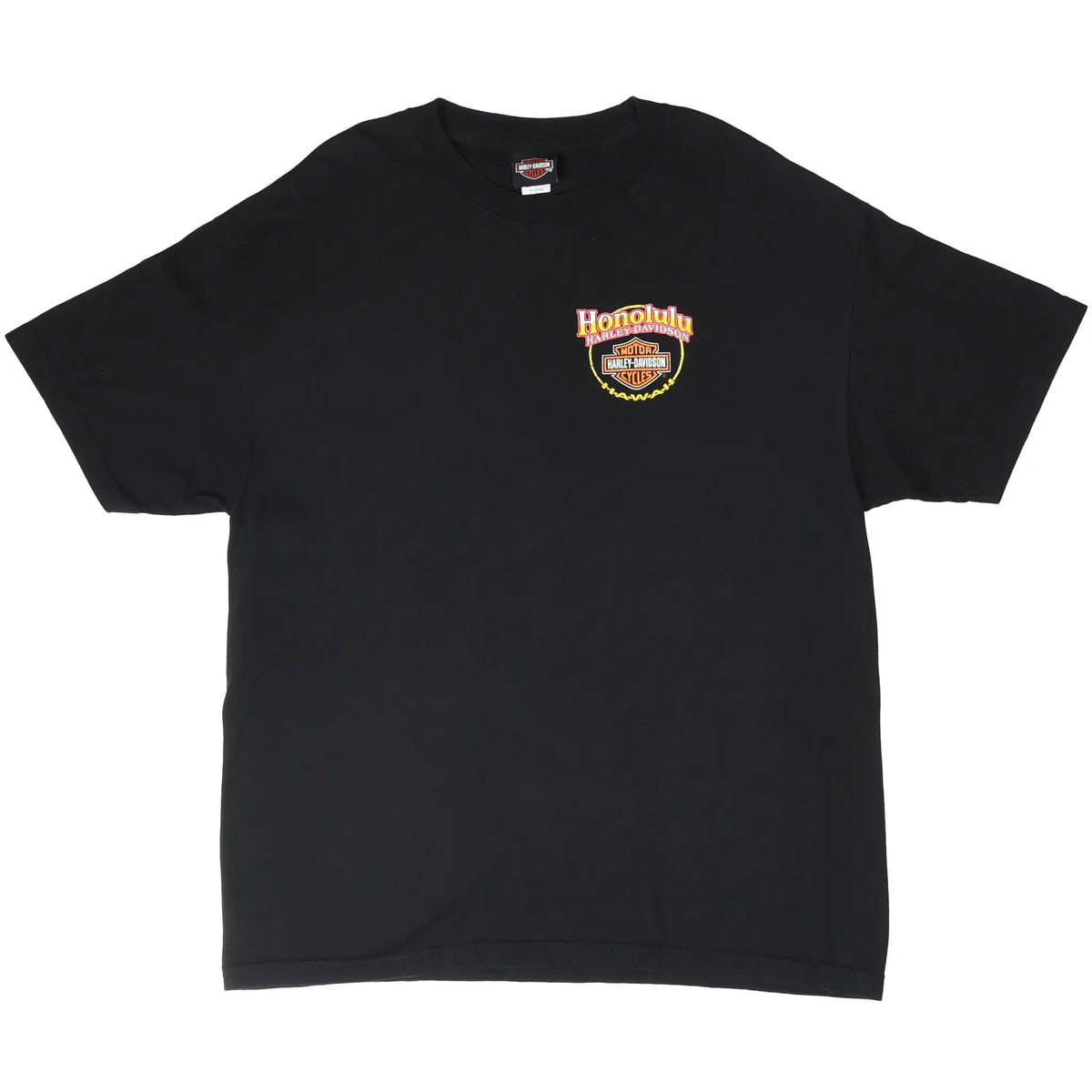 Front of black Harley-Davidson T-shirt with small Honolulu Hawaii chest logo