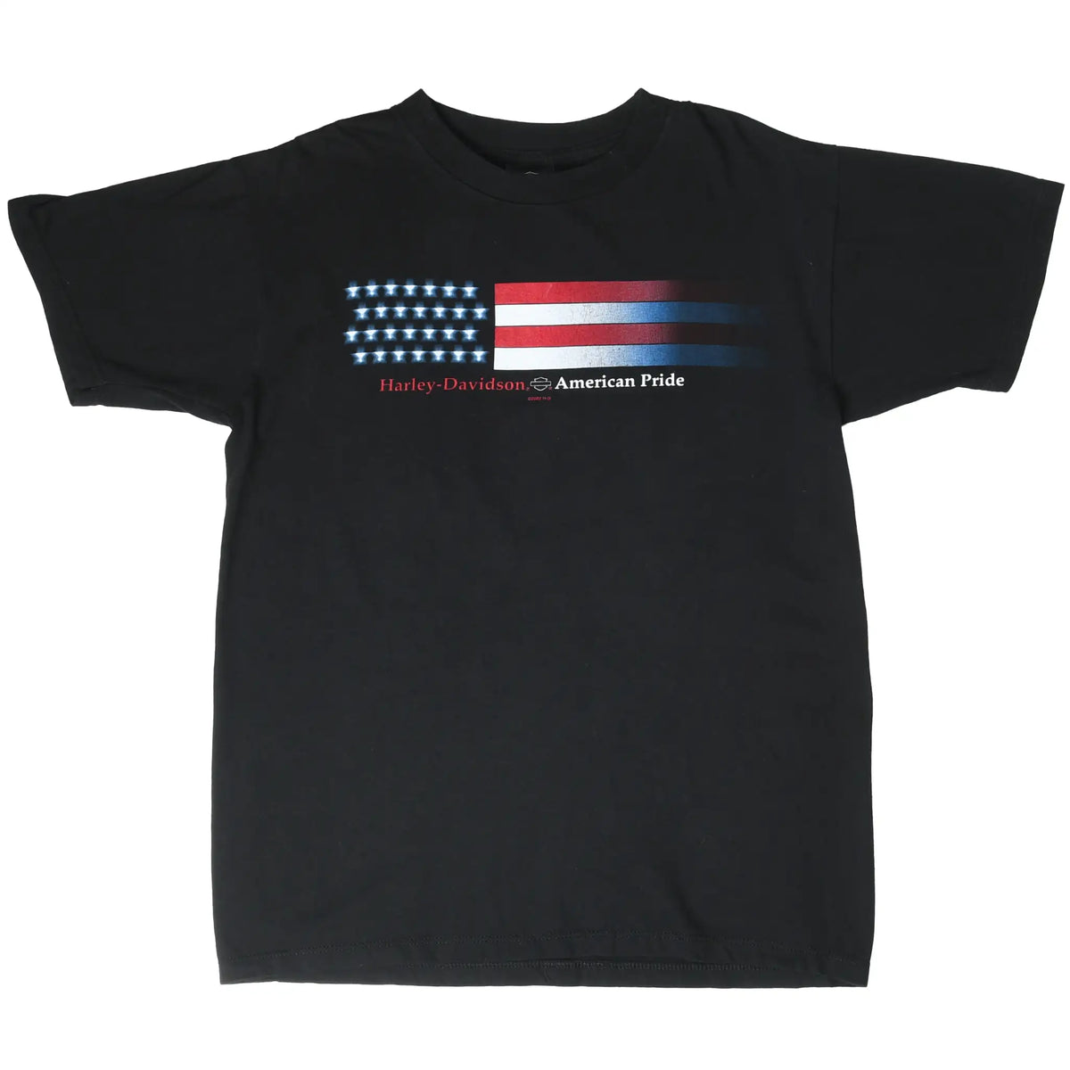 Full front view of black Harley-Davidson T-shirt with American Pride flag graphic