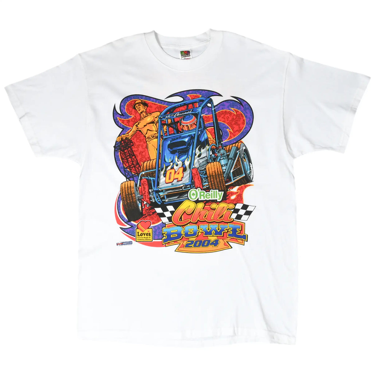 Full front view of white Chili Bowl 2004 T-shirt with colorful No. 04 race car print