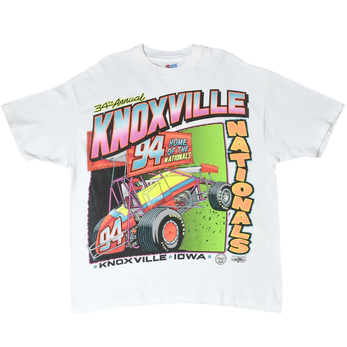 Front of white Knoxville 34th Annual Nationals T-shirt with multicolor 94 sprint car graphic