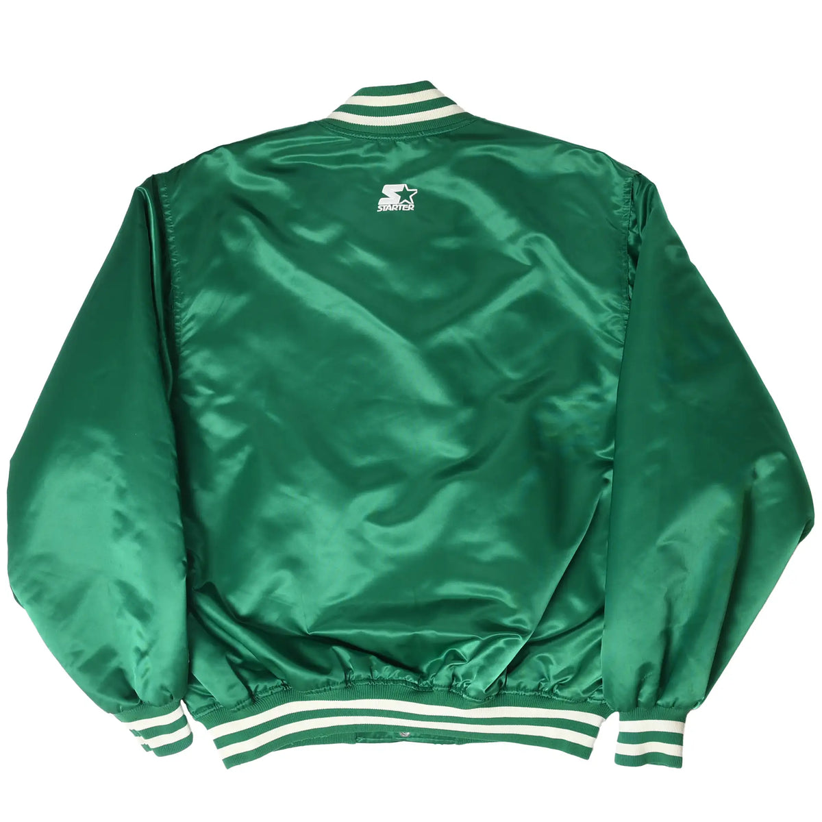 Back of green Boston Celtics Starter satin jacket with small Starter logo