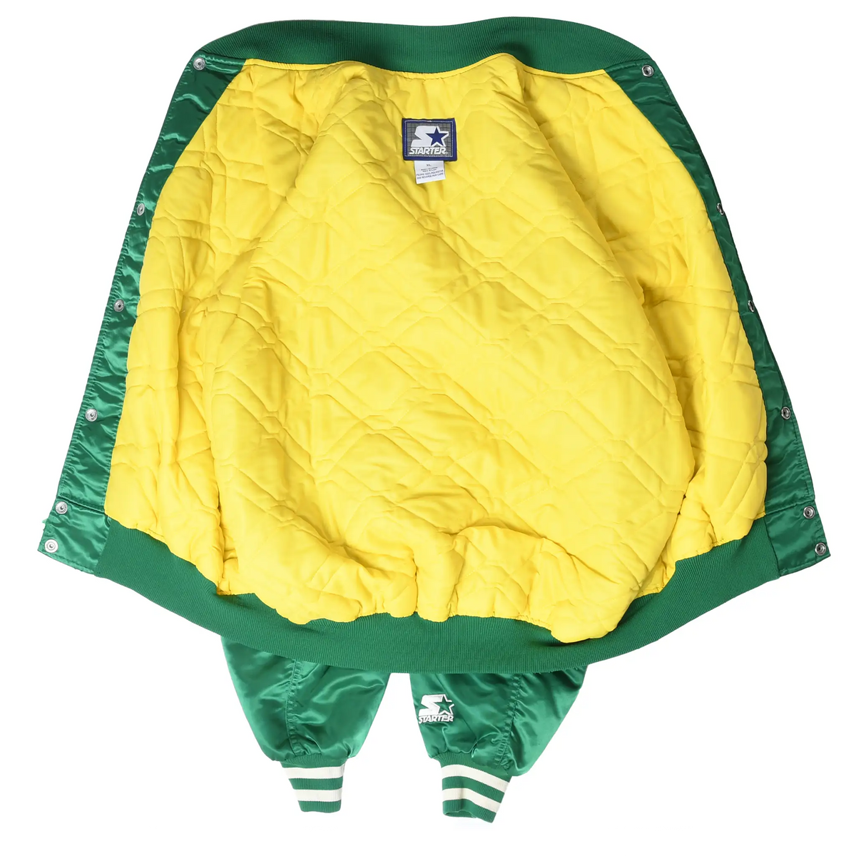 Open Boston Celtics Starter jacket showing yellow quilted lining and interior label