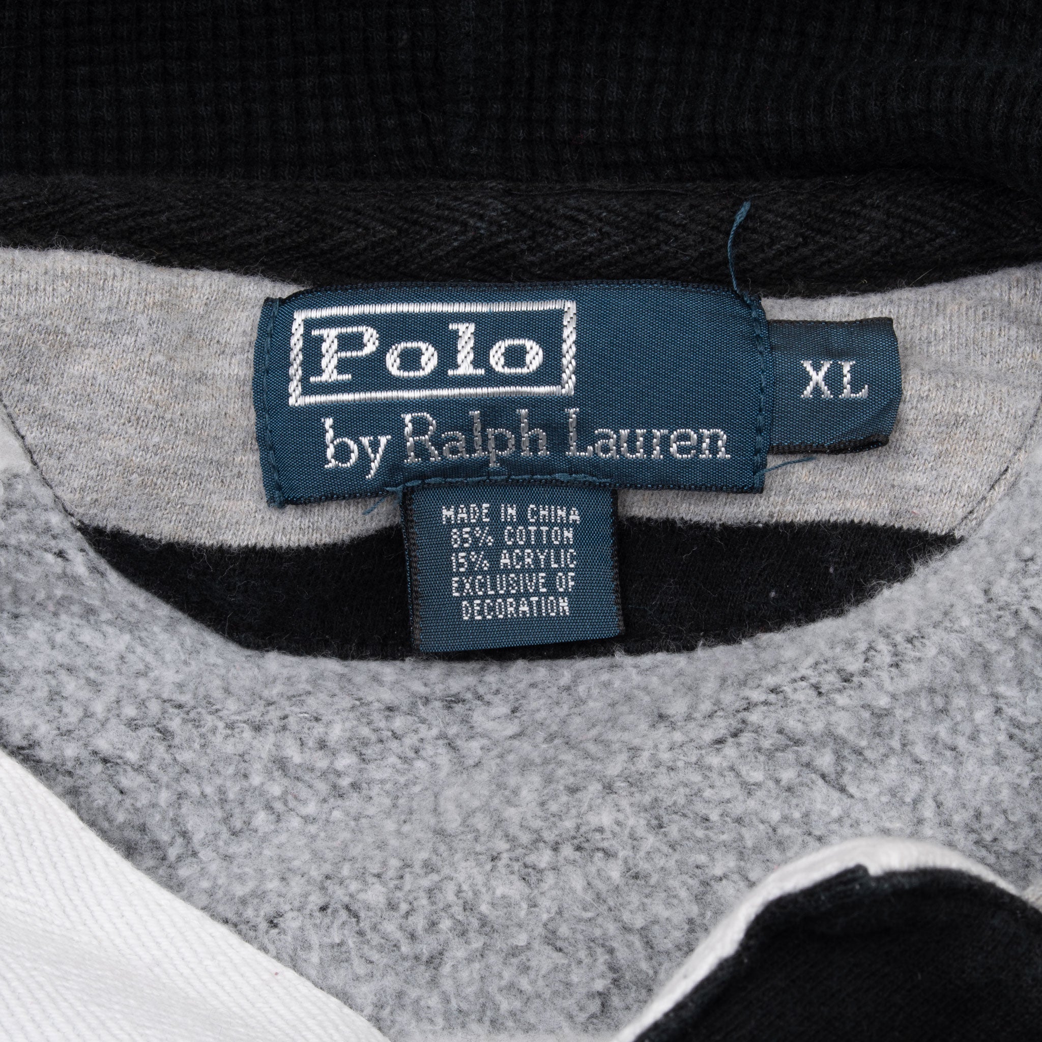 Vintage Polo Ralph Lauren Grey Black Striped Rugby Hoodie Sweatshirt 1990S Size XL