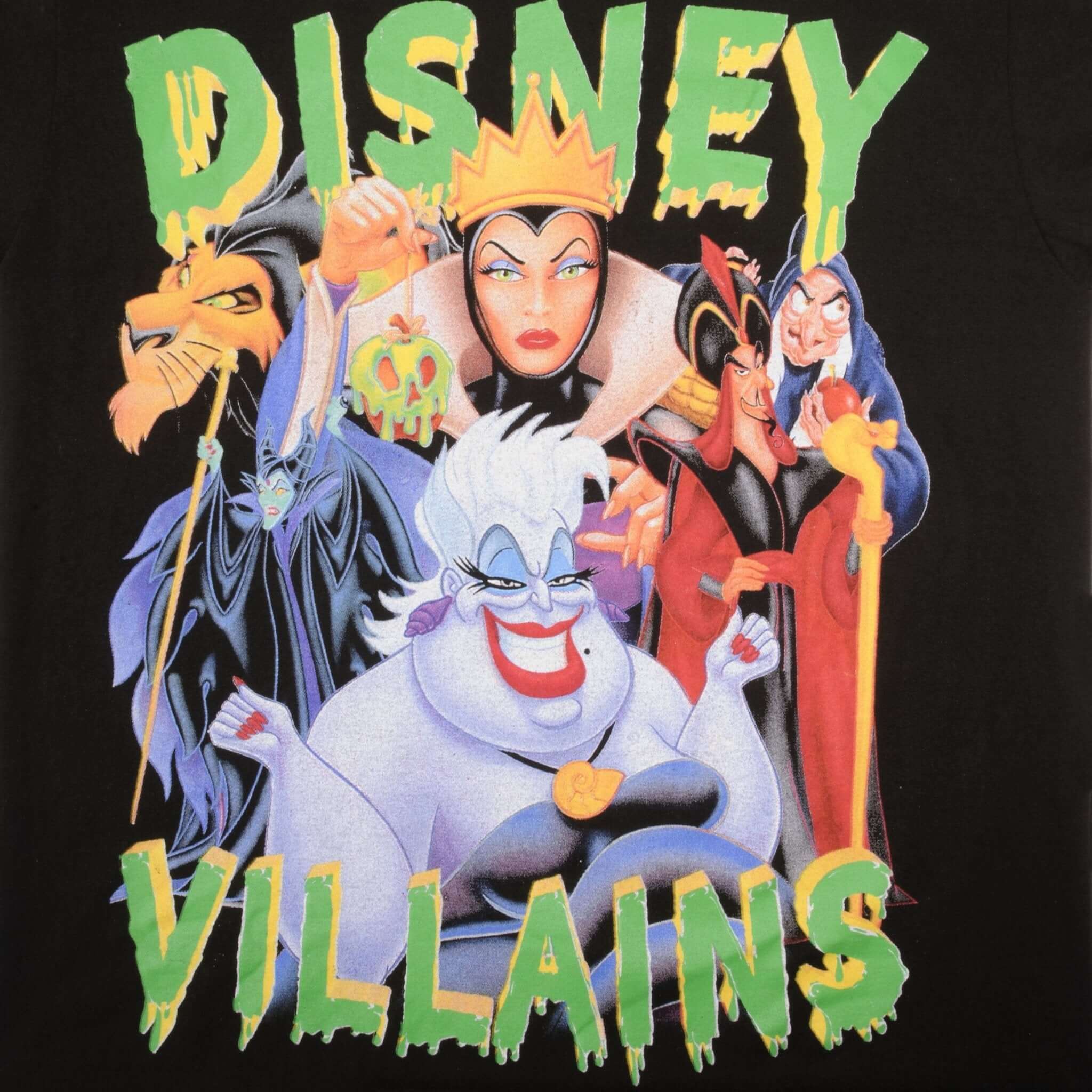 Bootleg Disney Villains Tee Shirt Size Large With Single Stitch Sleeves With Cruella de Vil (101 Dalmatians), Ursula (The Little Mermaid), The Evil Queen (Snow White and the Seven Dwarfs) and Maleficent (Sleeping Beauty)