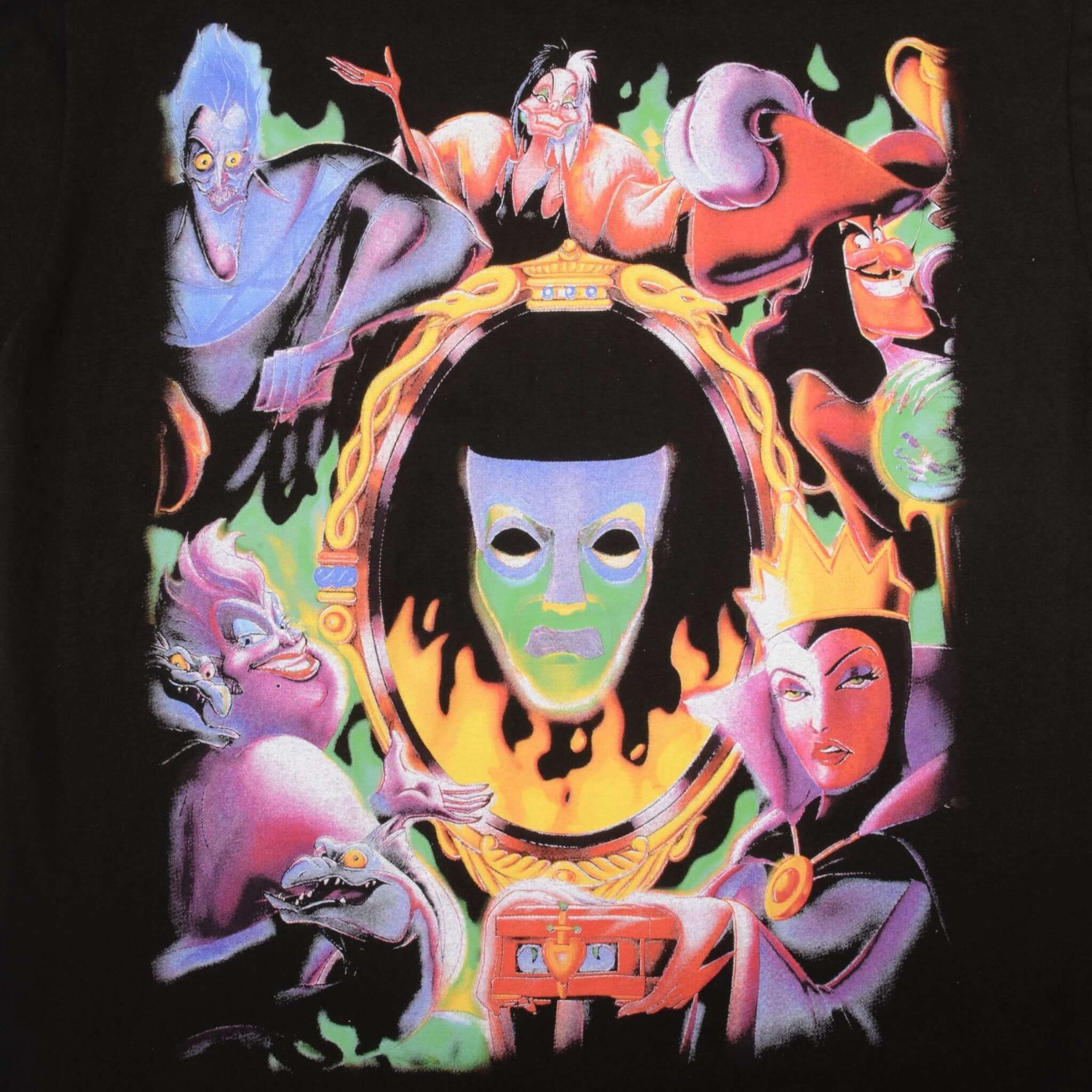 Bootleg Disney Villains Tee Shirt Size Large With Single Stitch Sleeves With Cruella de Vil (101 Dalmatians), Ursula (The Little Mermaid), The Evil Queen (Snow White and the Seven Dwarfs) and Maleficent (Sleeping Beauty)