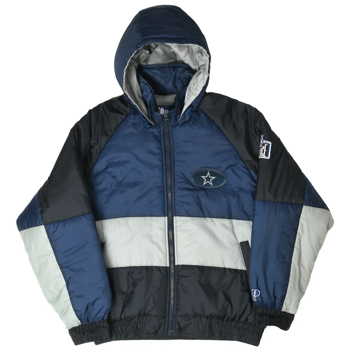 Front view of navy, black and gray Dallas Cowboys zip jacket with hood and star logo patch
