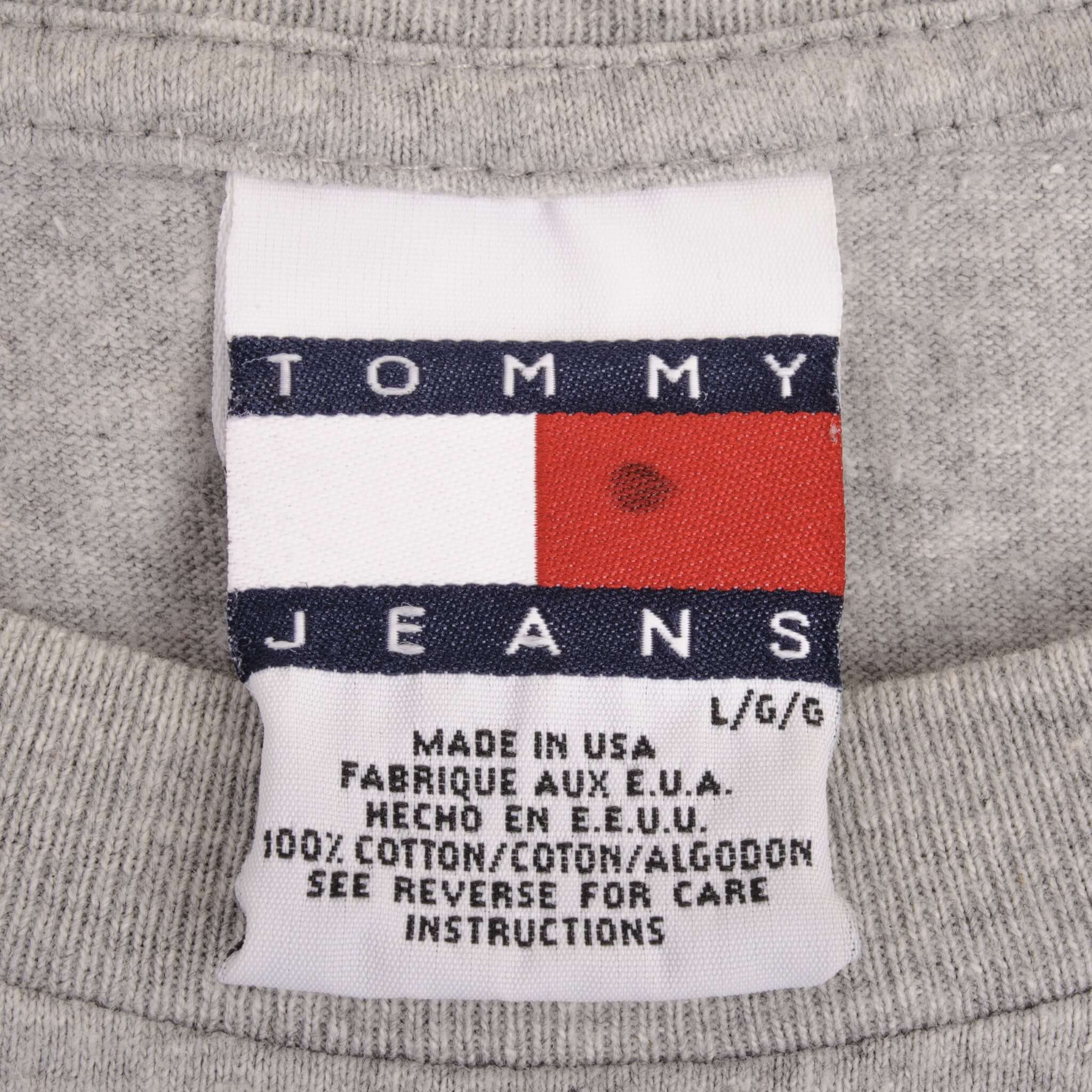 Vintage Tommy Jeans Hilfiger Spellout Grey Tee Shirt 1990S Size Large Made In USA
